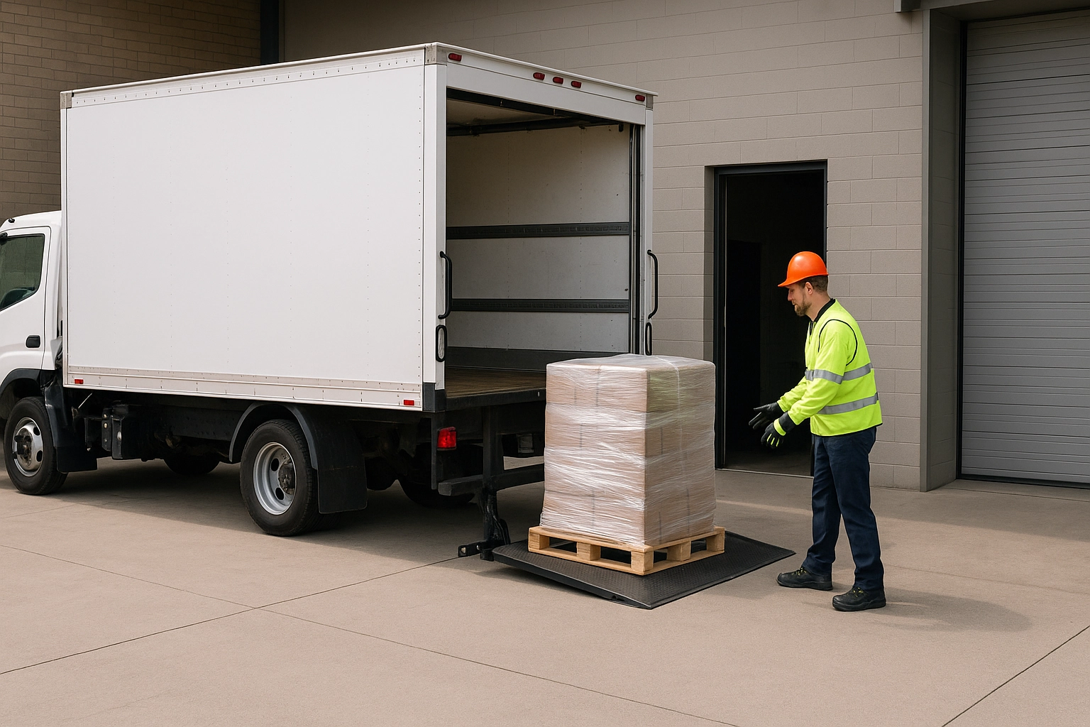 What Is Liftgate Service and When Is It Needed for Freight Delivery? 1 Liftgate service lowering a pallet from a freight truck at a business without a loading dock