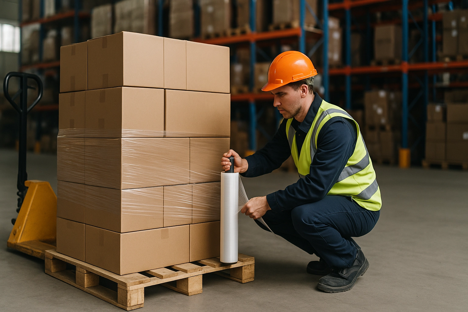 How to Prepare a Pallet for LTL Freight Shipping 1 Warehouse worker showing how to prepare a pallet for LTL freight shipping with secure stretch wrap.
